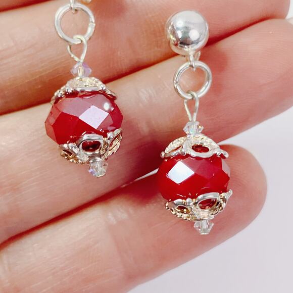 VTG Artisan Sterling Silver Faceted Red Glass Dangle Earrings Handmade Dainty - Picture 3 of 11